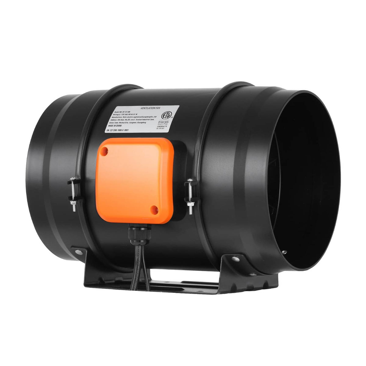 8-inch inline duct fan blower with variable speed control, orange panel and duct outlet opening