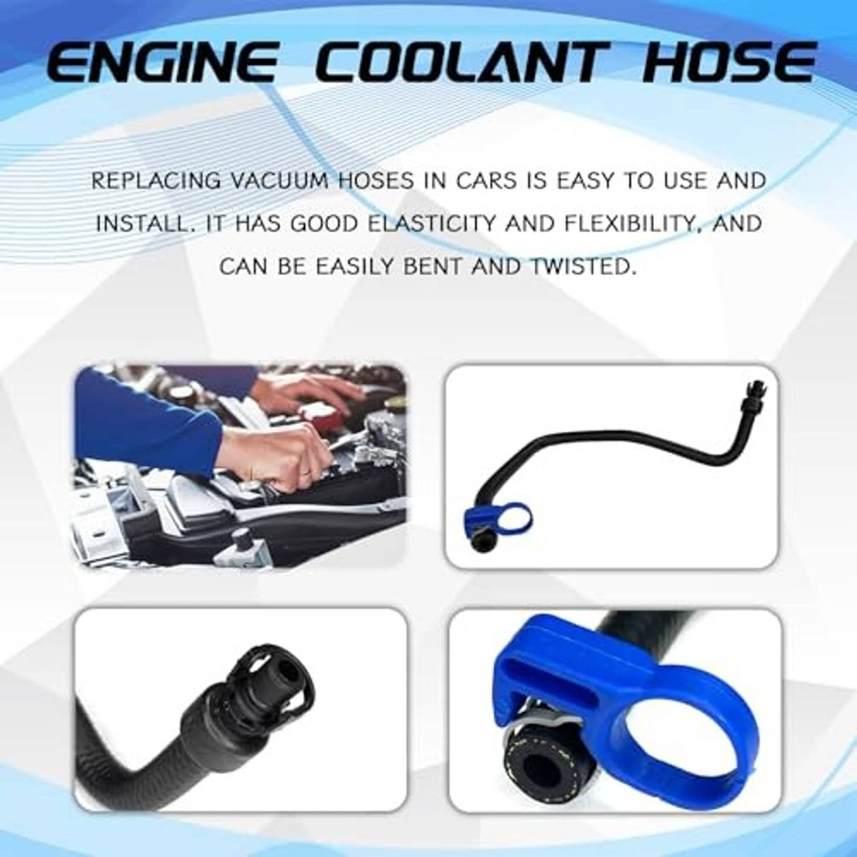 Black engine coolant hose with blue connector ends and short right-side plug