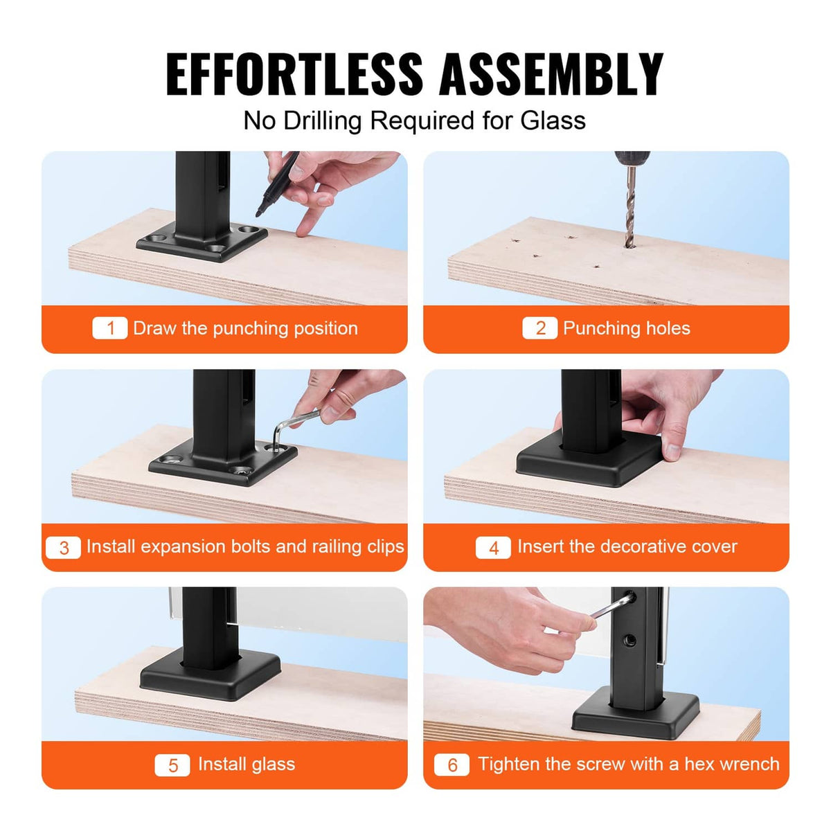 Black glass floor clamp assembly steps showing base, screws, and glass installation