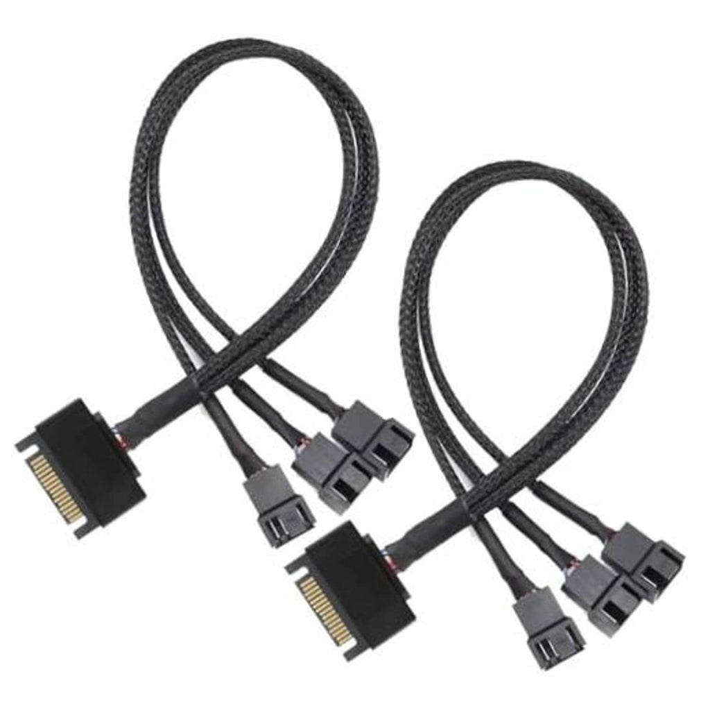 Dual fan power splitter cables with SATA power and 3-pin fan connectors, black braided