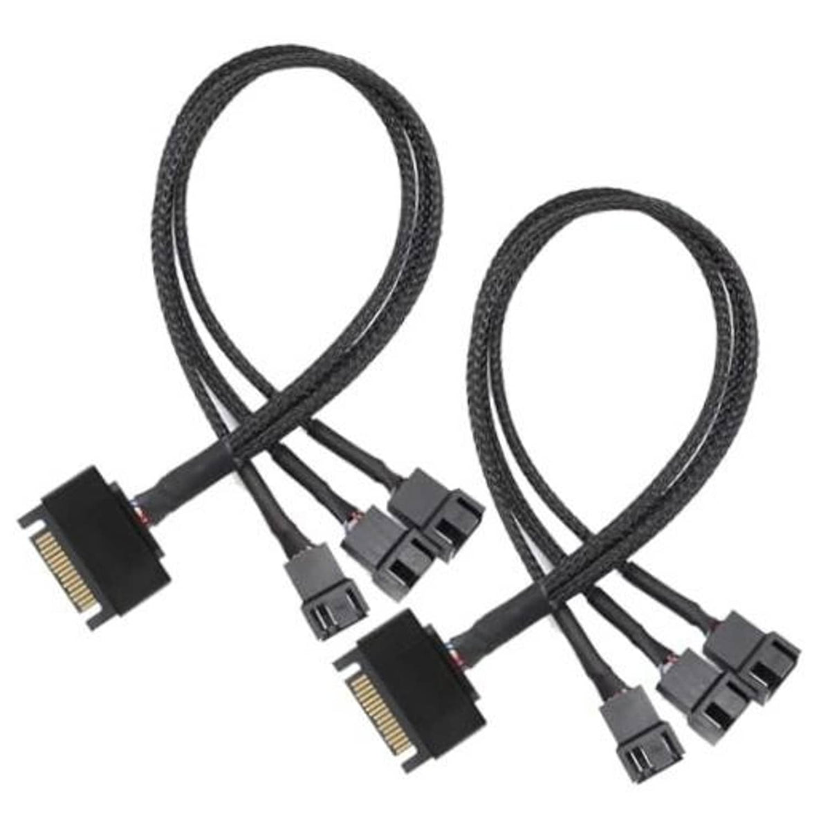 Dual fan power splitter cables with SATA power and 3-pin fan connectors, black braided