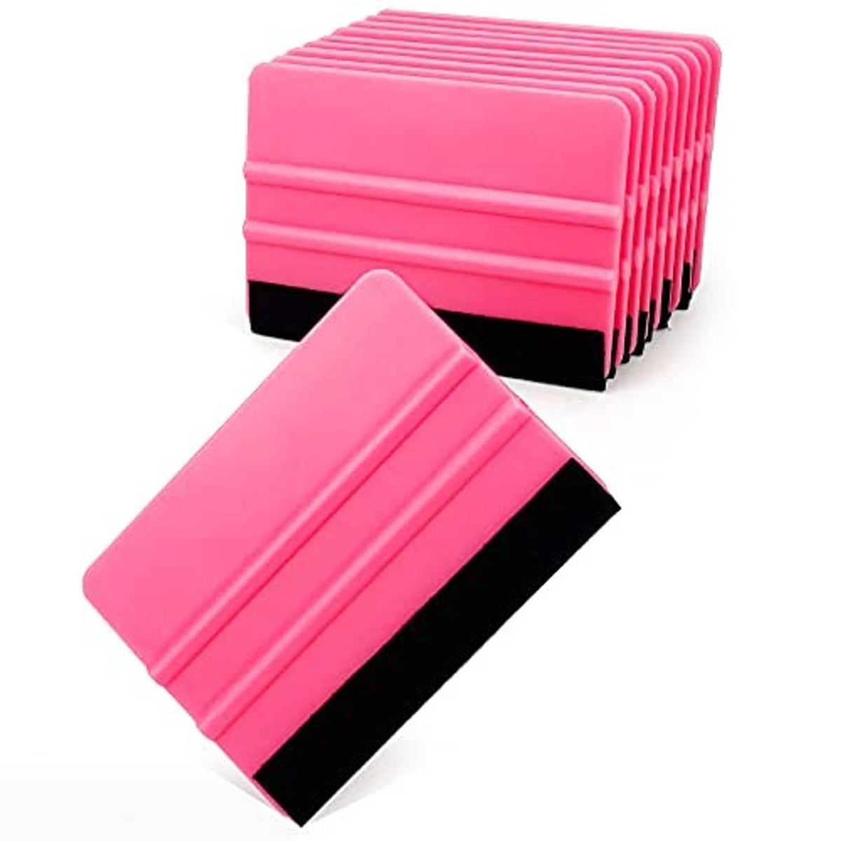 Pink 4-inch vinyl squeegee tool with black felt pad edge, shown at an angle