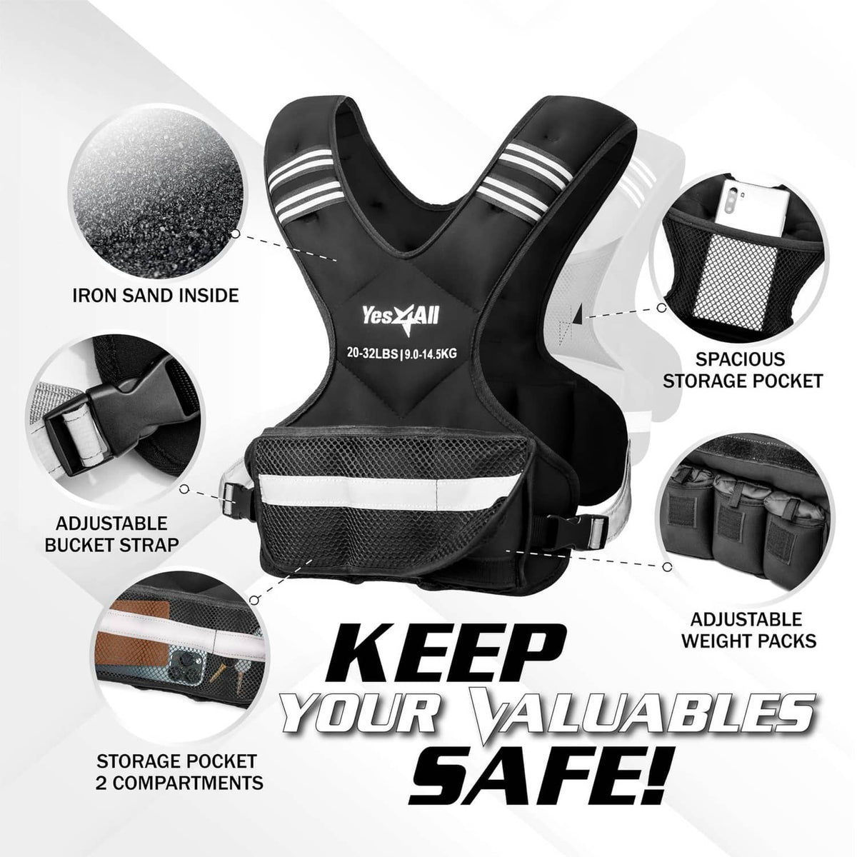 Black weighted vest with reflective stripe, adjustable buckle strap, and storage pocket