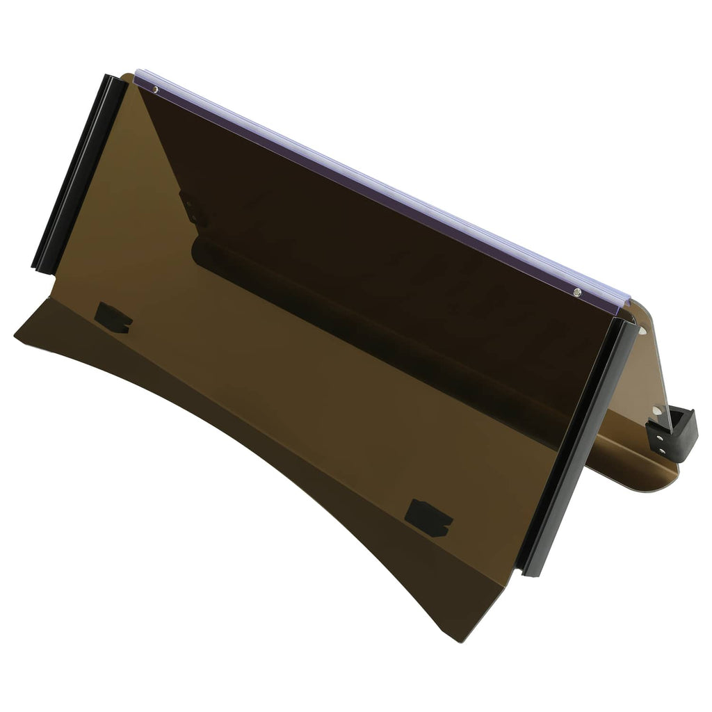 Fold-down tinted windshield with side hinges and black brackets, EZGO cart