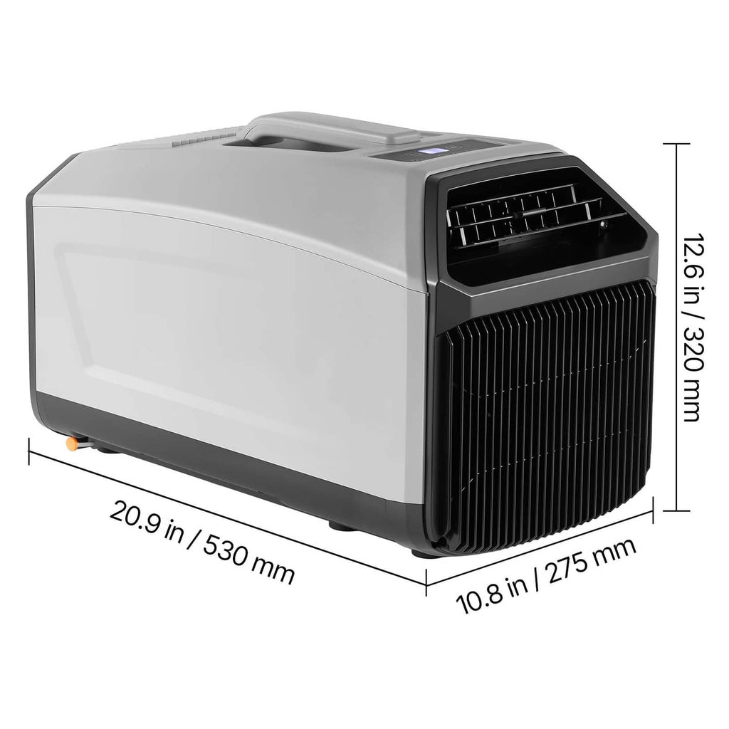 Portable camping air conditioner unit in dark gray, side view with vent openings