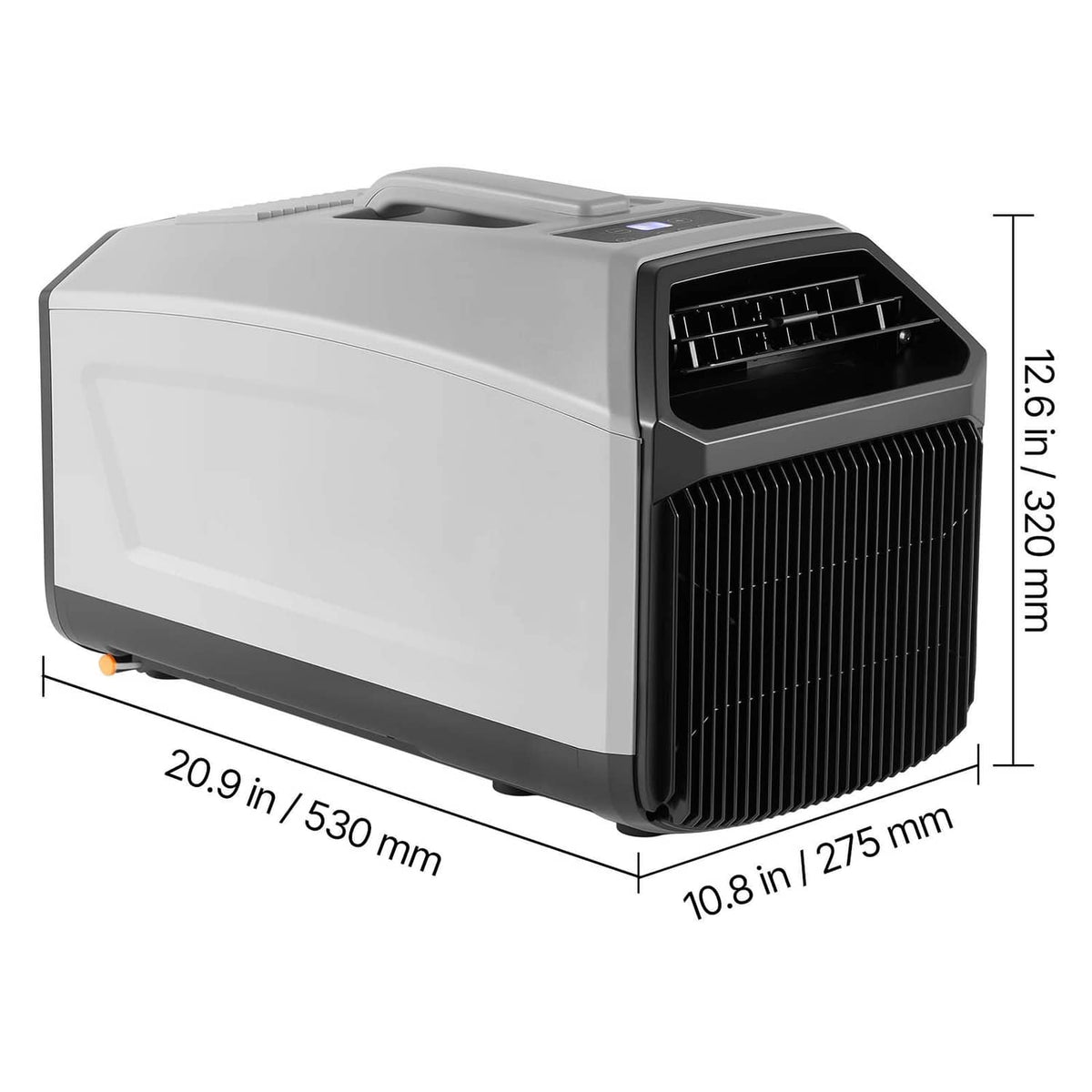 Portable camping air conditioner unit in dark gray, side view with vent openings