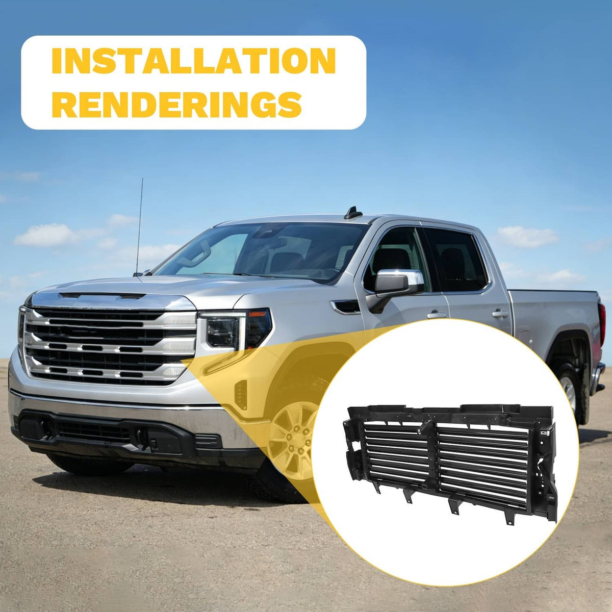 Front active air grille shutter shown with side profile inset on a truck front