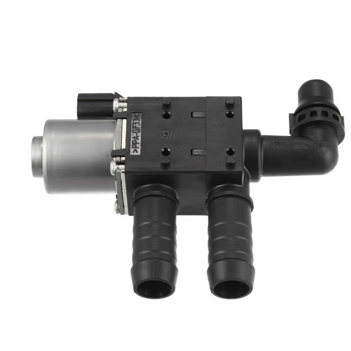 Engine heater control valve solenoid front view with black housing and silver cylinder