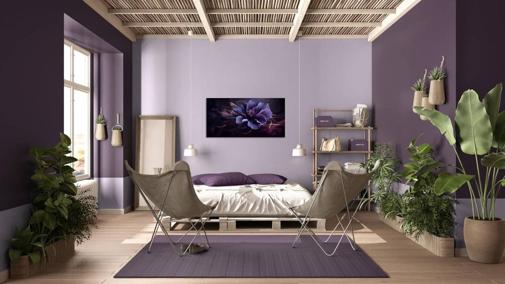 Purple flower wall canvas above bed area, landscape rectangle print