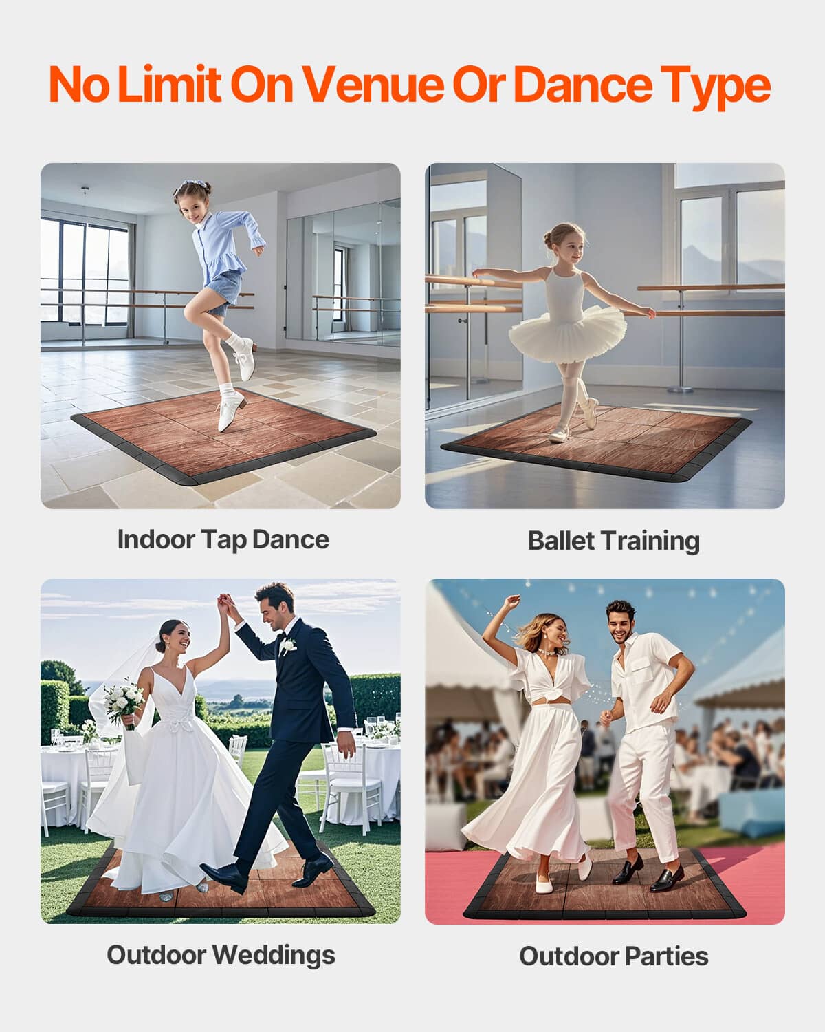Interlocking dance floor tiles for tap and ballet, brown woodgrain with black frame.