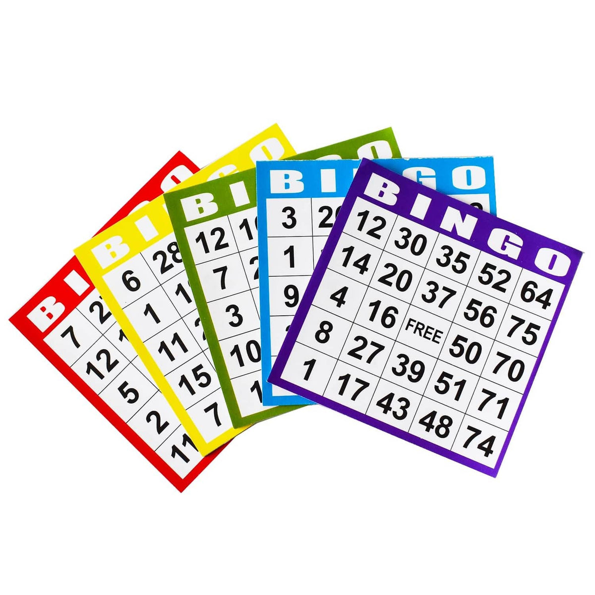Bingo cards set with five colors, fanned and overlapping, numbered 1–75 with FREE.
