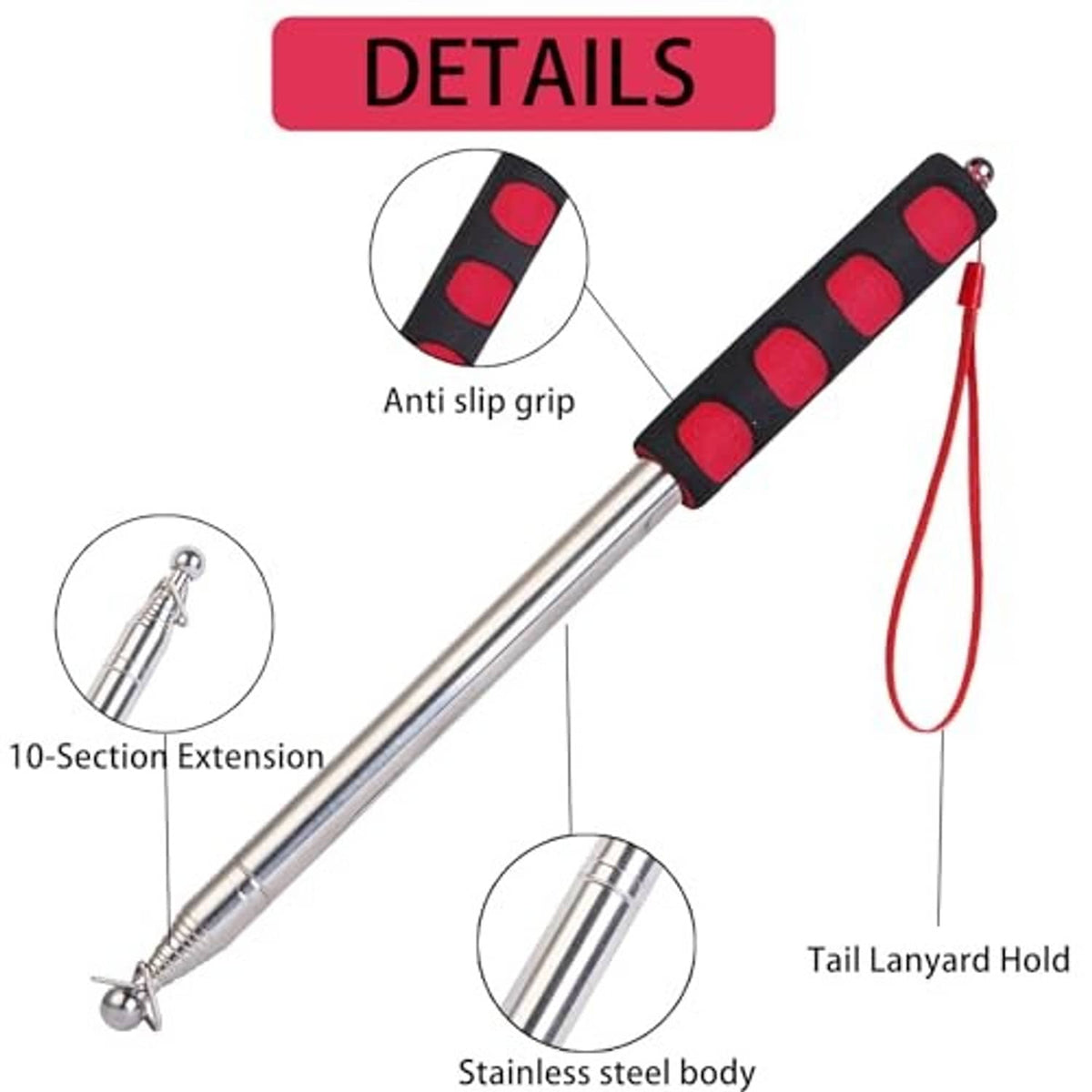 Stainless telescopic flag pole with red anti-slip grip handle and lanyard tail holder