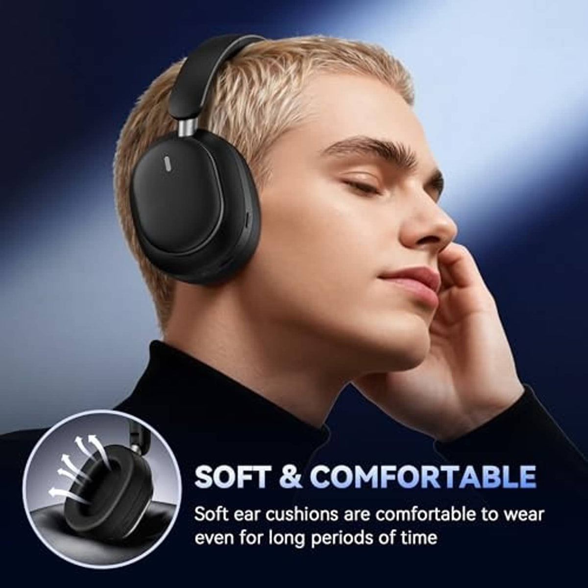 Black over-ear headphones featuring soft ear cushions and an adjustable headband