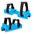 Pair of blue toddler ice skates with black adjustable straps and dual blades