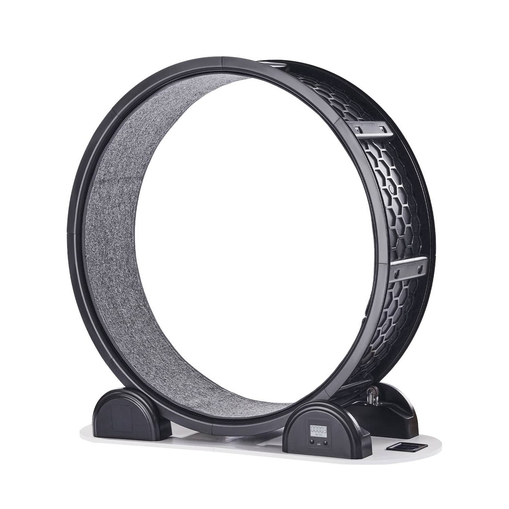 Black cat exercise wheel angled view with grey tread and front foot pads