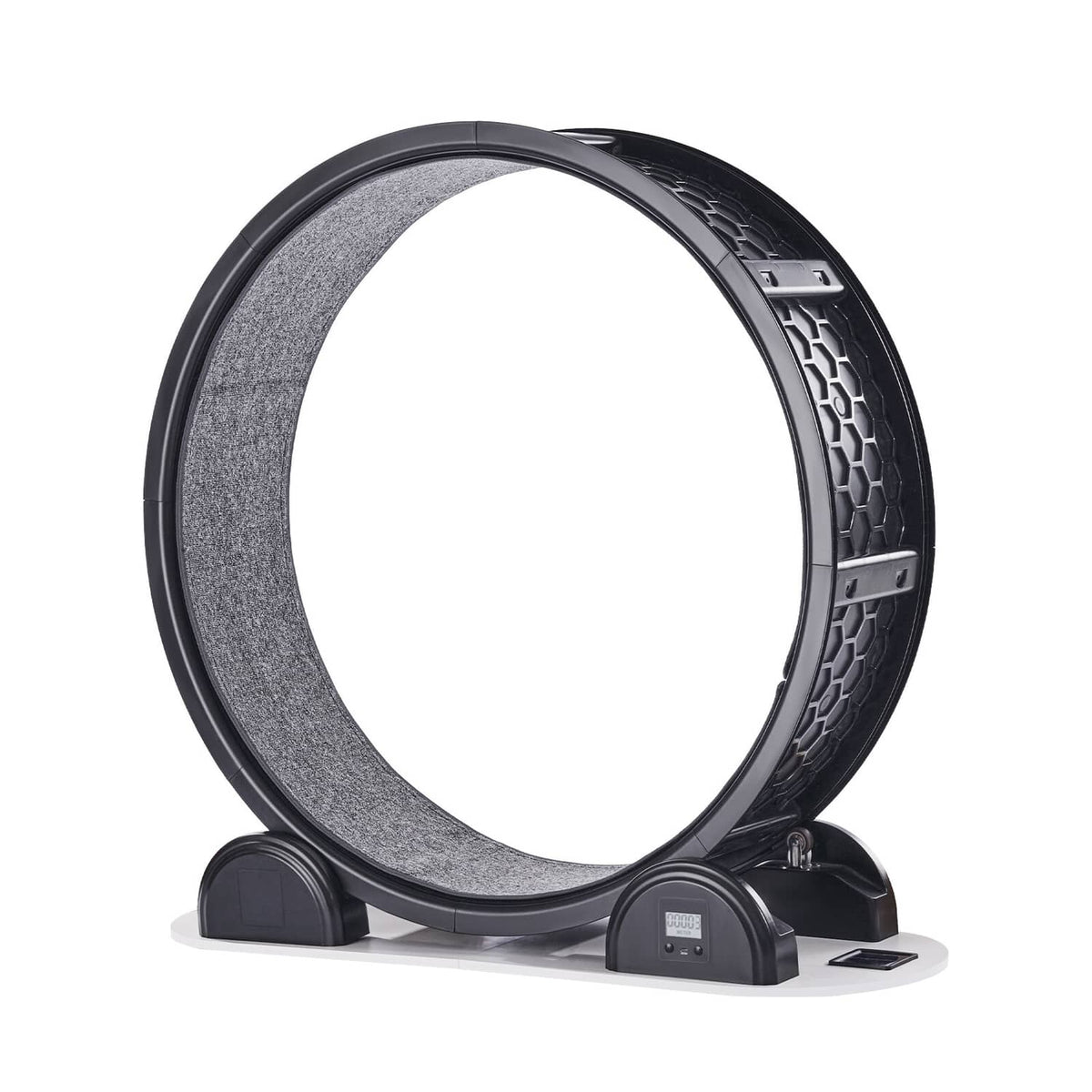Black cat exercise wheel angled view with grey tread and front foot pads