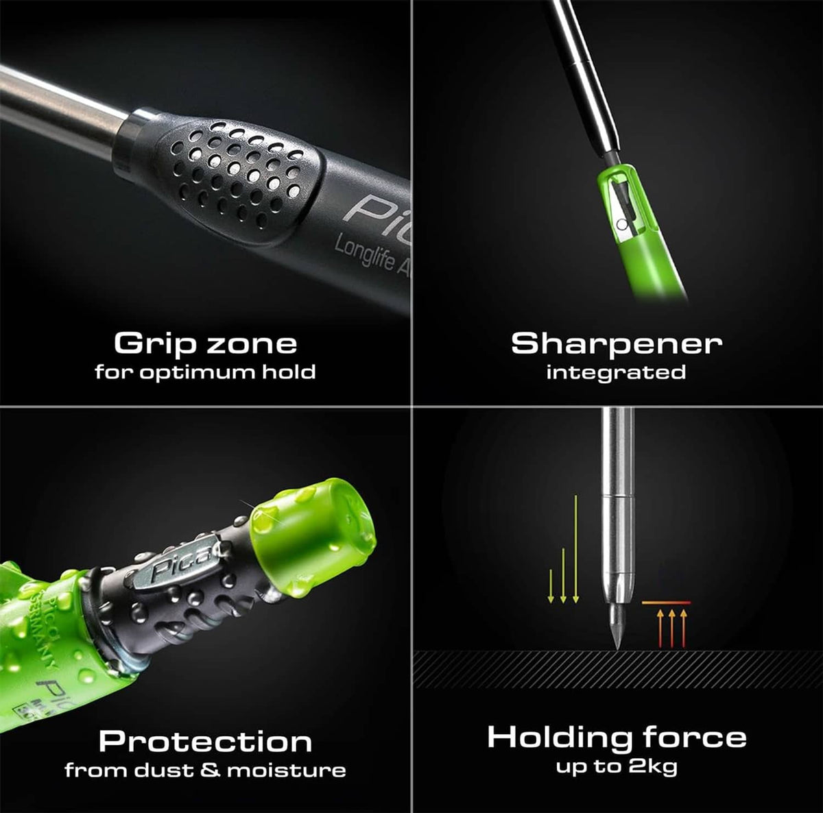 Automatic pencil showing grip texture and integrated sharpener end detail