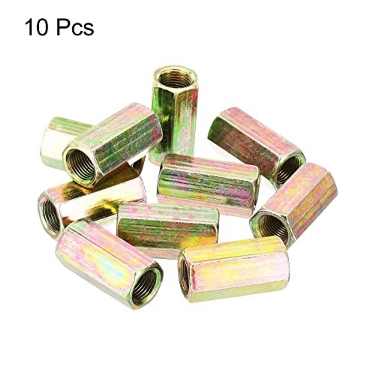 10-pack hex coupling nuts with female threads, zinc-coated steel sleeves, iridescent finish