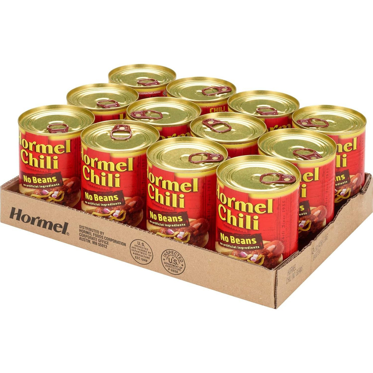 Pack of Hormel chili cans in a cardboard tray