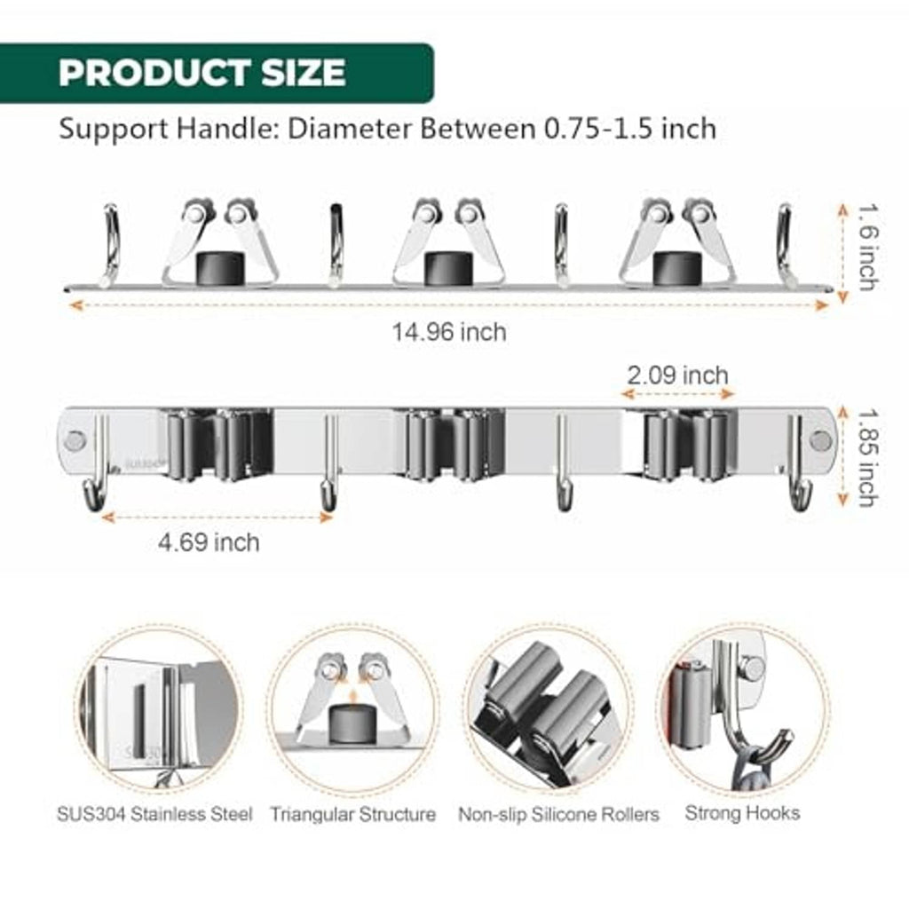 Chrome wall-mount broom organizer with three uprights, four hooks, and non-slip grippers
