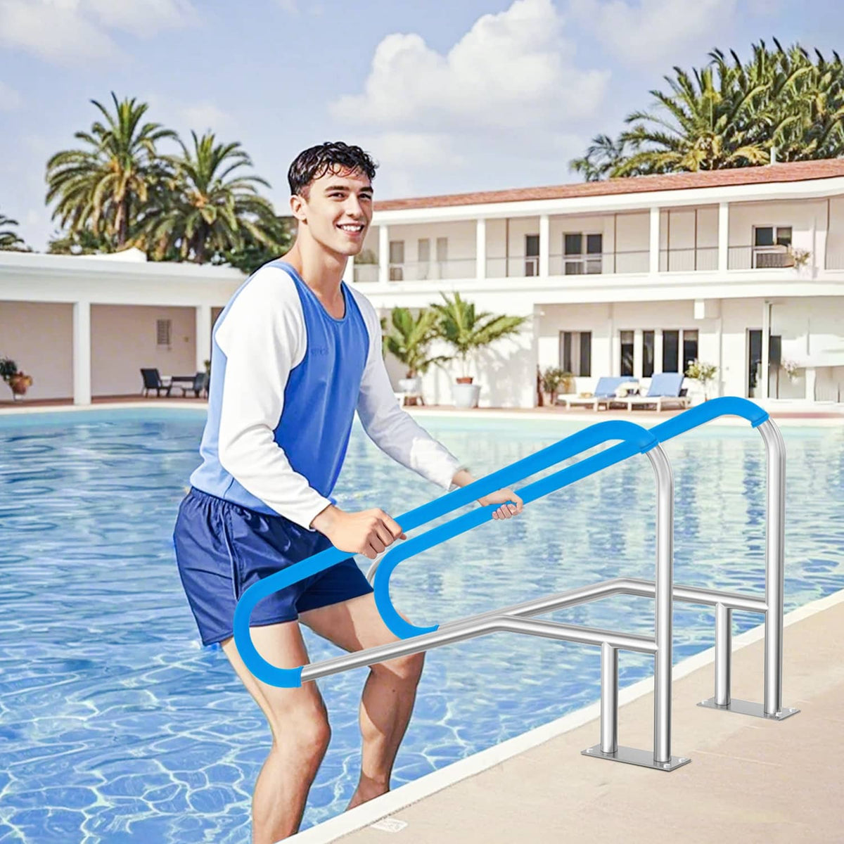 Stainless steel pool handrail with blue grip, mounted beside the pool ladder