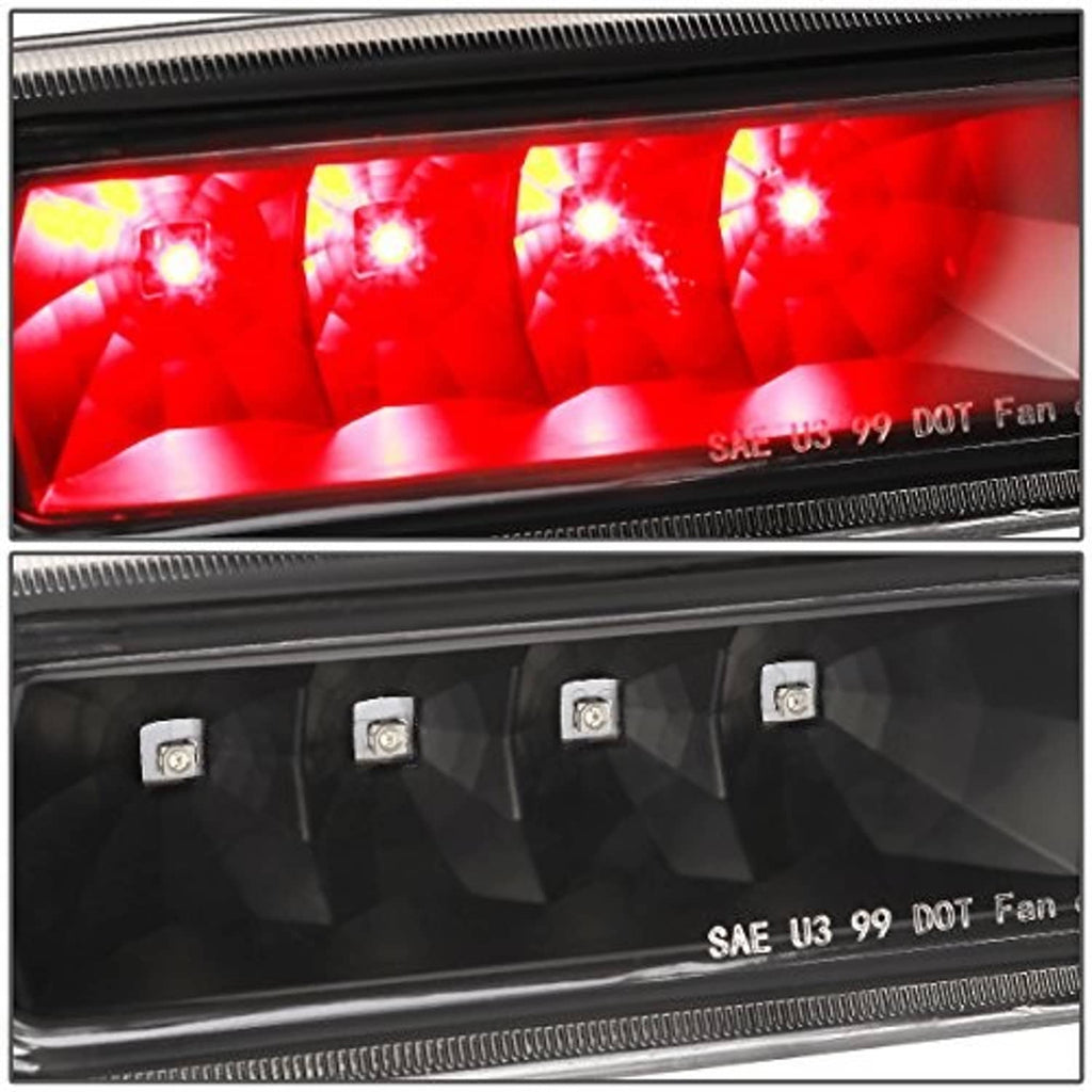 Close-up of illuminated LED brake light housing with red LEDs under clear lens