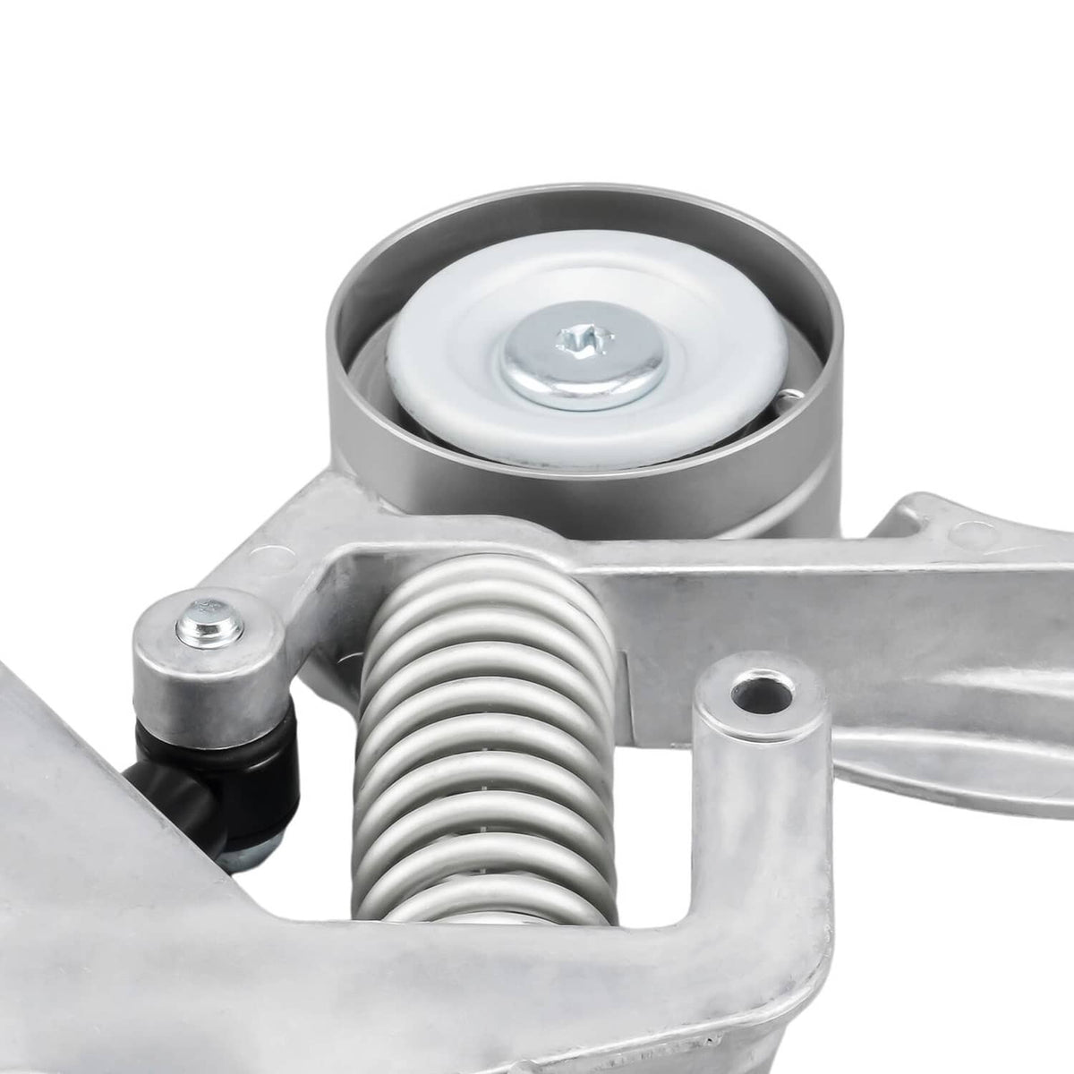 Belt tensioner pulley wheel and coil spring in metal housing