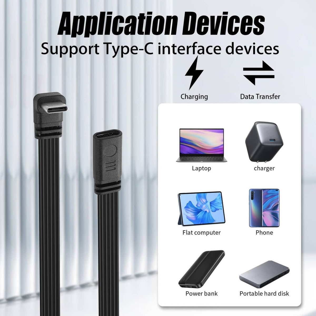 Black USB-C extension cable with Type-C plugs for charging and data transfer