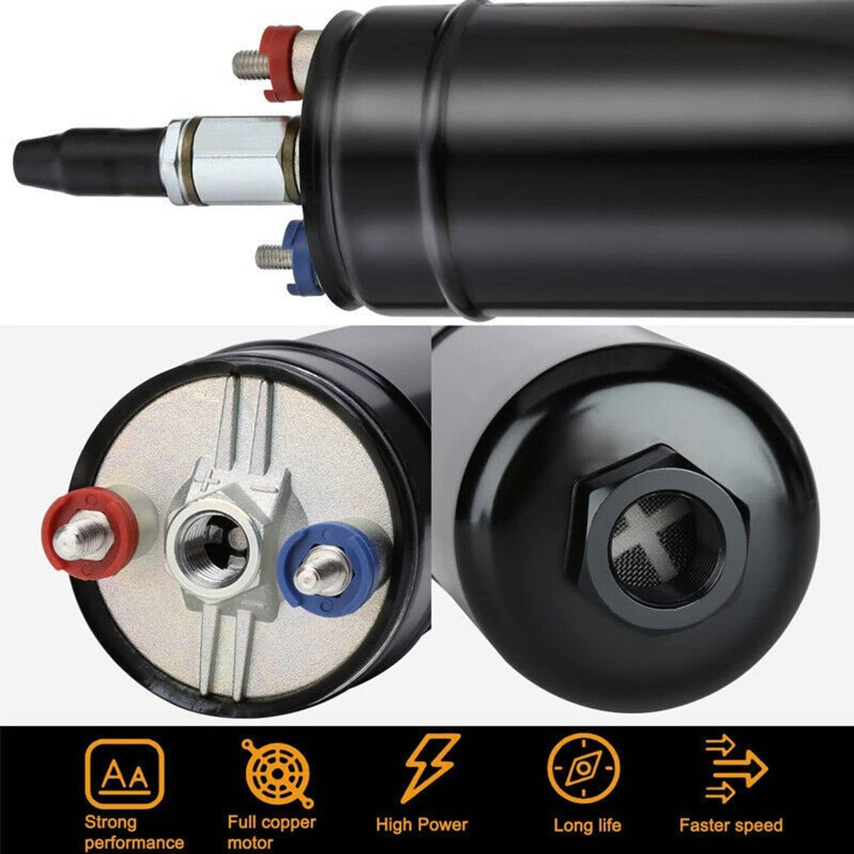Inline electric fuel pump with connector plate and round top cover detail