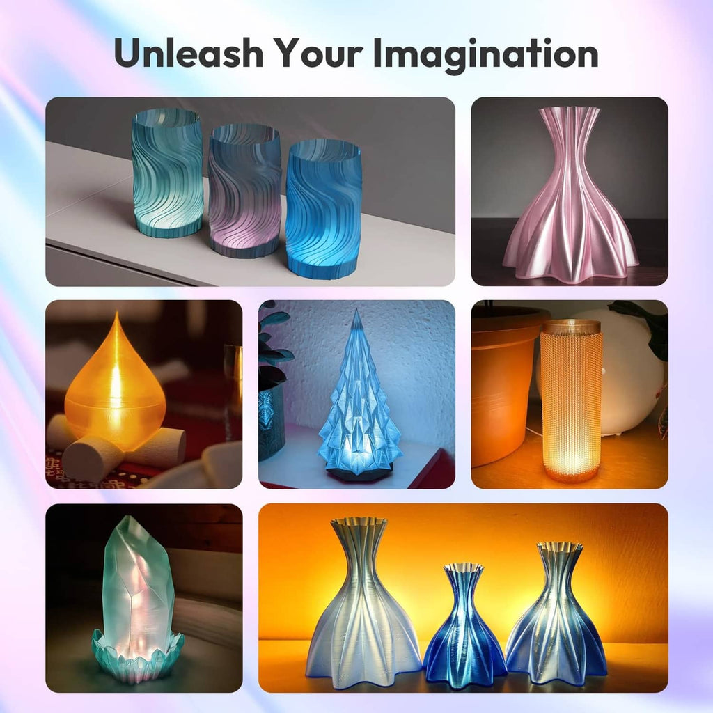 Assorted translucent rainbow PLA printed vases with swirling iridescent surfaces