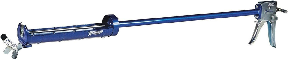 Blue 29 oz caulk gun with trigger and metal dispensing nozzle