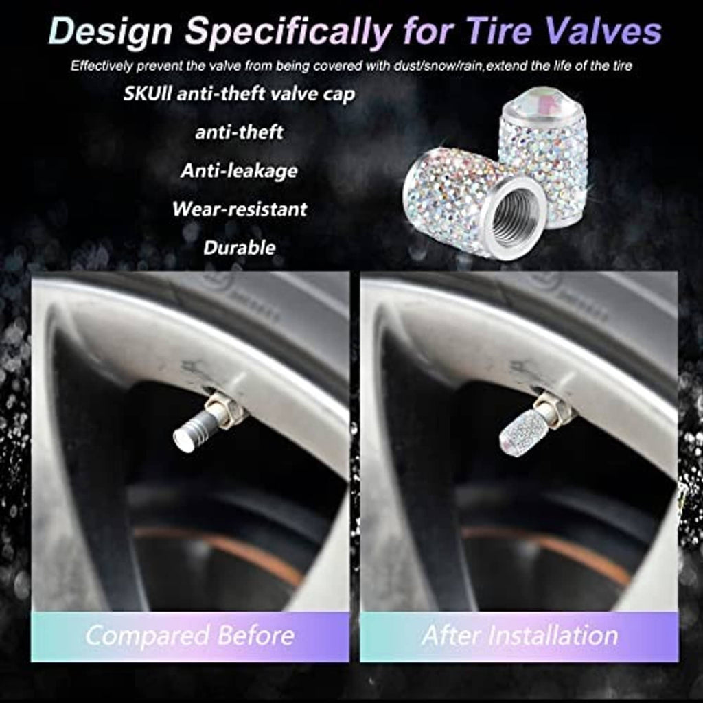 Installed crystal rhinestone tire valve cap on a wheel valve stem with chrome nozzle