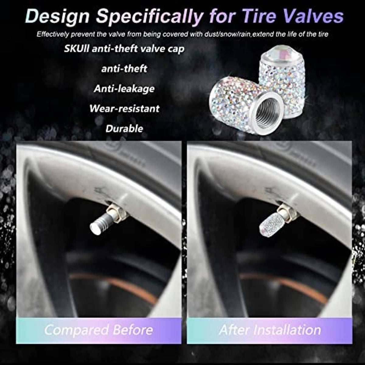 Installed crystal rhinestone tire valve cap on a wheel valve stem with chrome nozzle