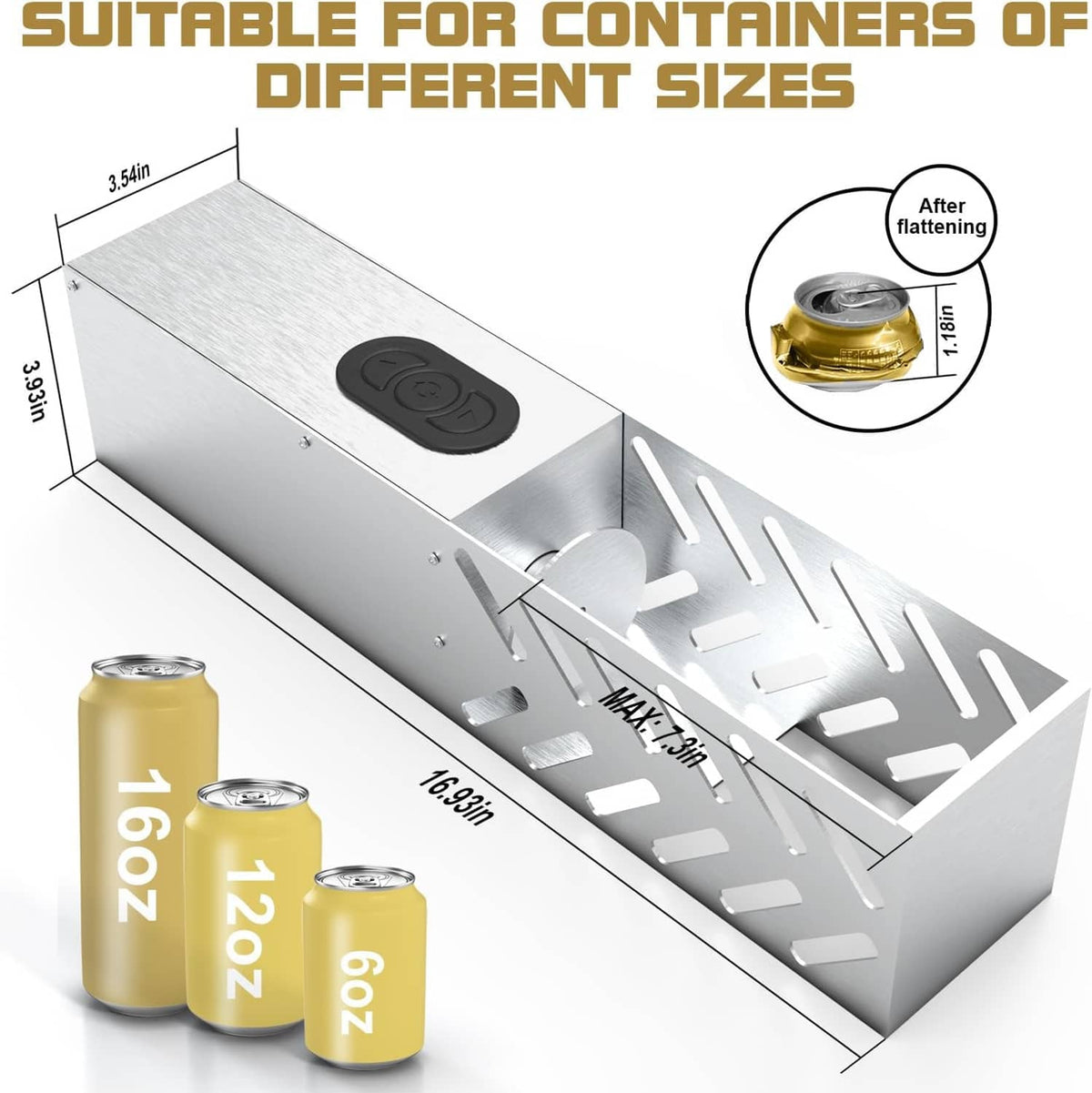 Stainless steel electric can crusher with long chute, measuring marks, and crushed can