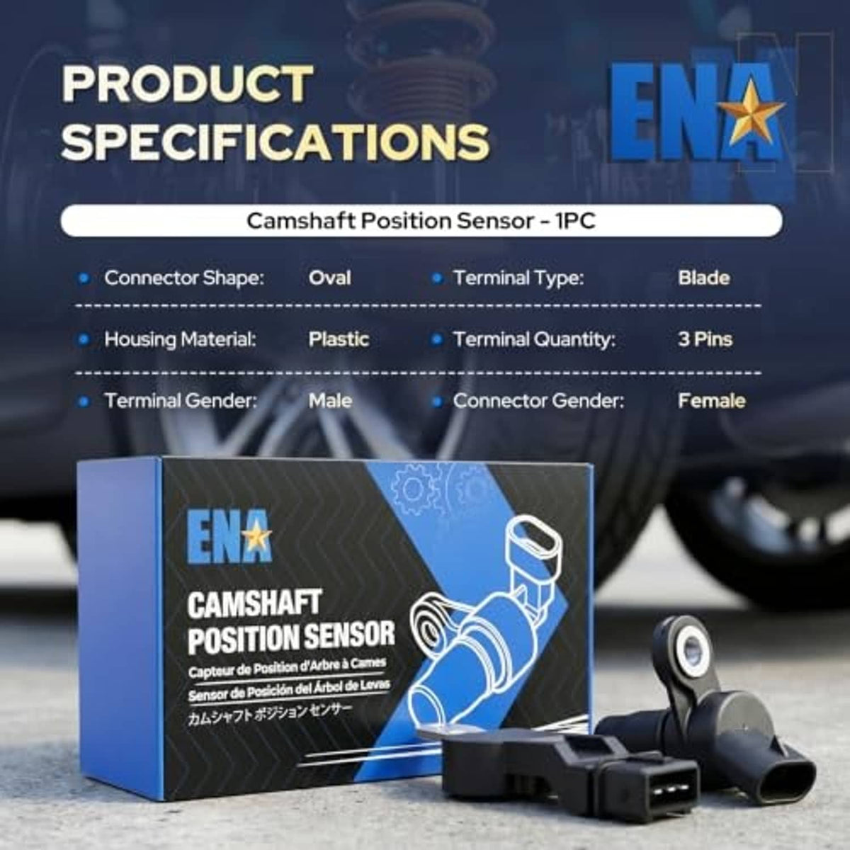 Camshaft position sensor product specs card showing oval 3-pin design and mounted sensor