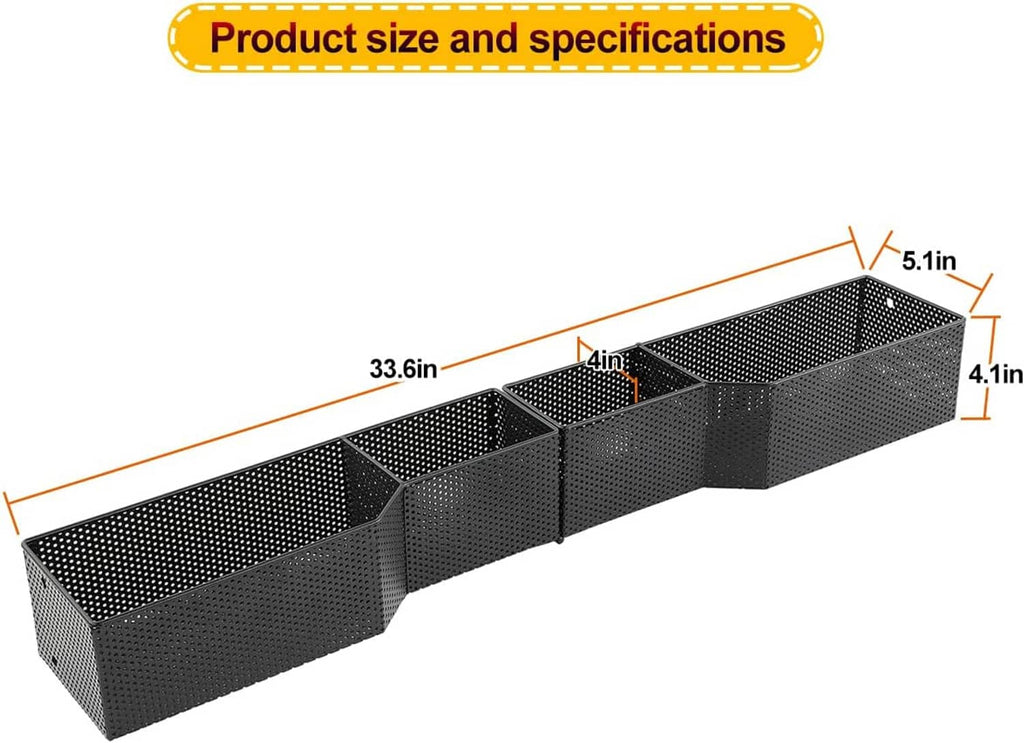 Perforated mesh storage tray organizer with dimensions, multiple segmented sections