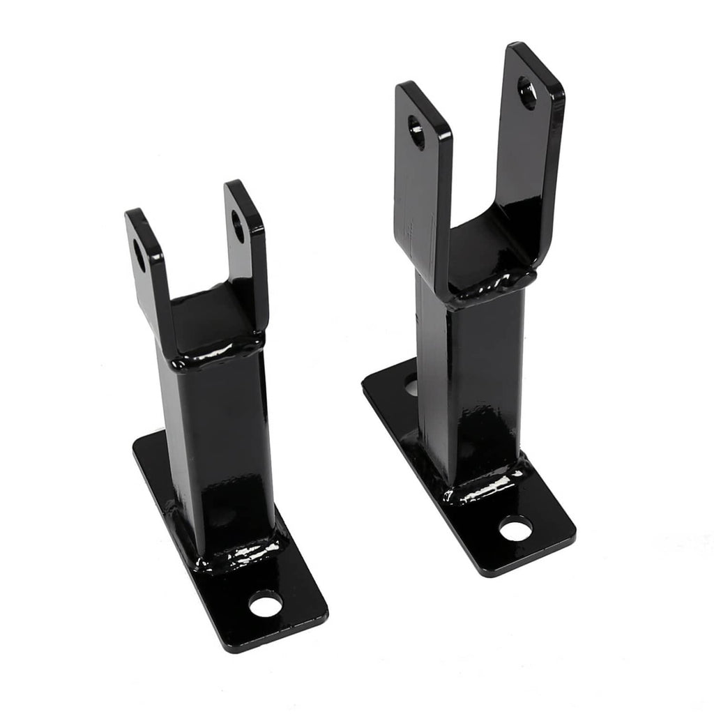 Black steel rack holder bracket pair with curved top forks and base plate bolt holes