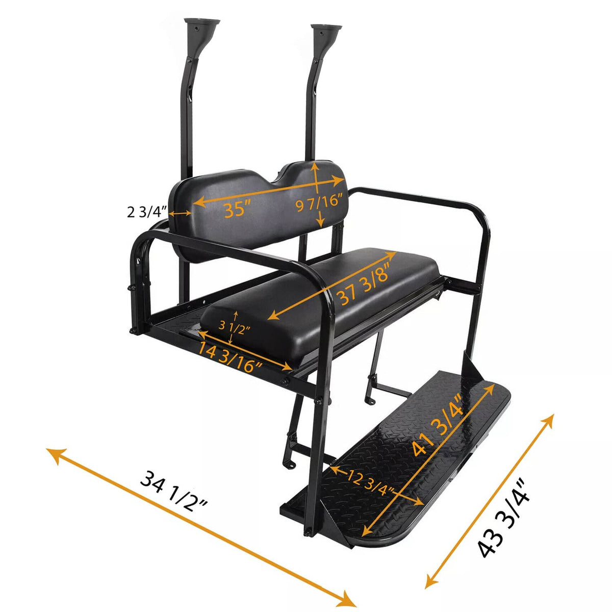 Black padded rear bench seat with foldable platform and side rails