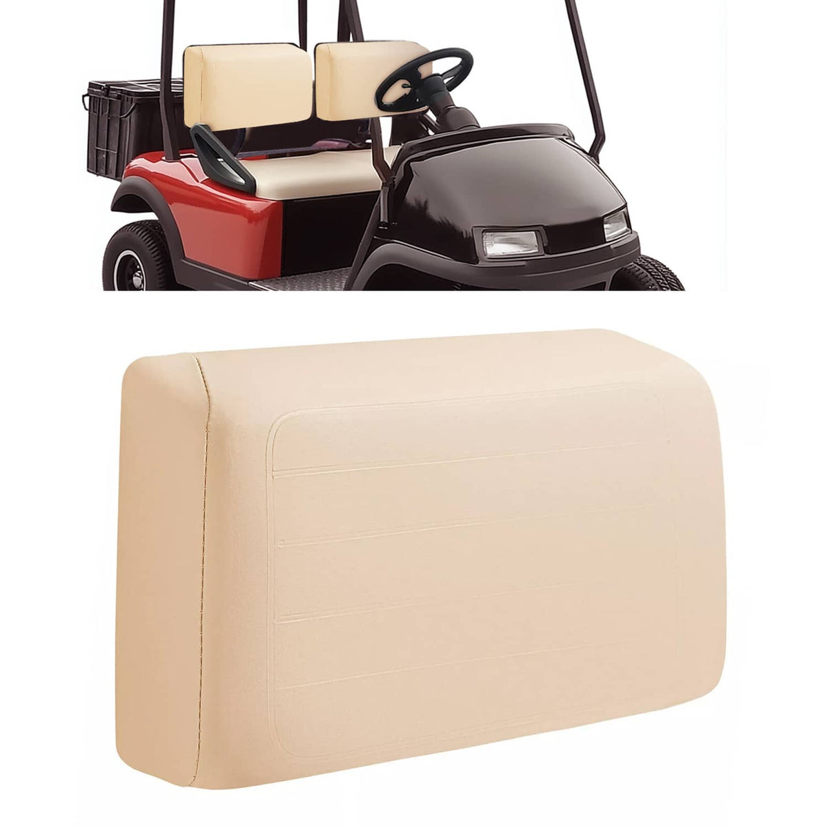 Beige golf cart backrest cushion with padded foam and stitched seam details