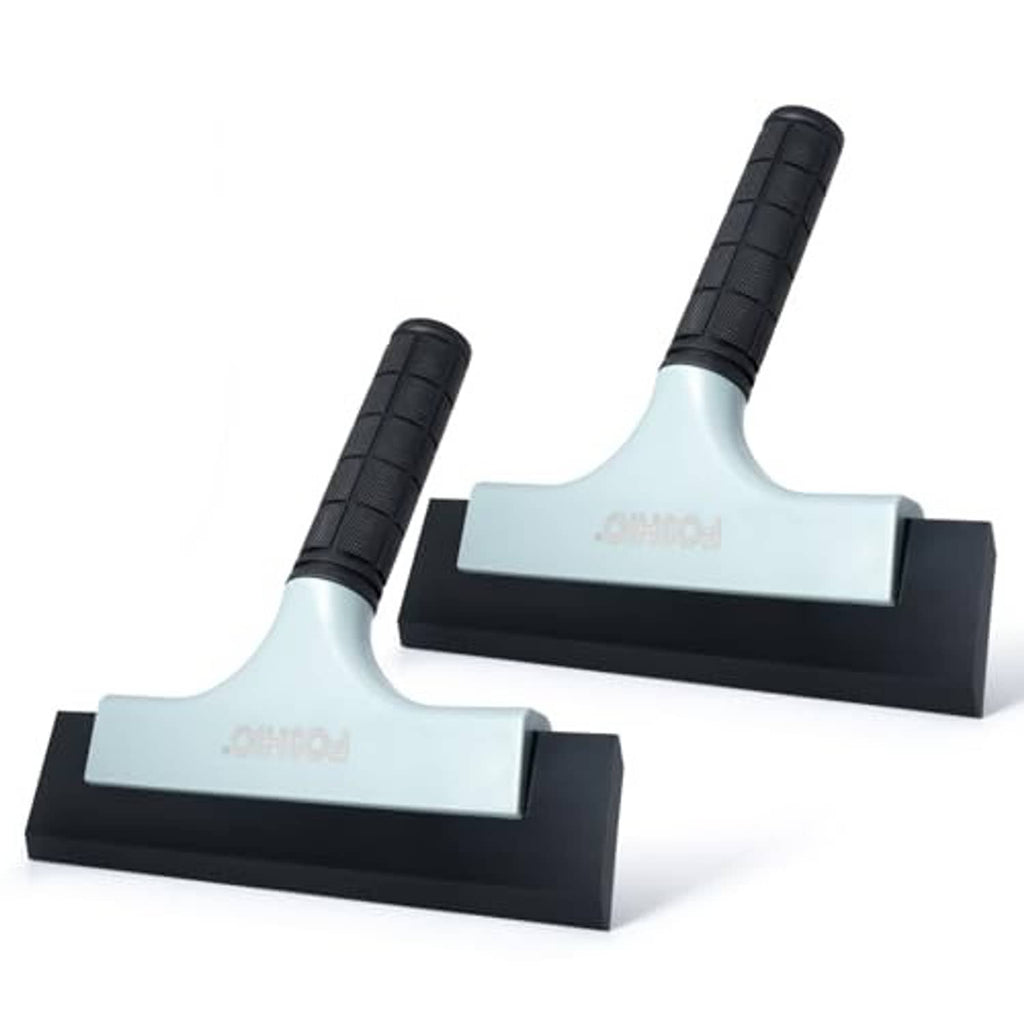 Pair of car window squeegees, light-gray scraper blades with black ribbed handles