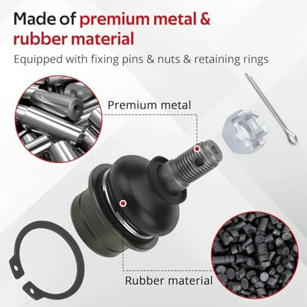 Black A-arm ball joint with rubber boot, metal housing, and retaining ring and pin set