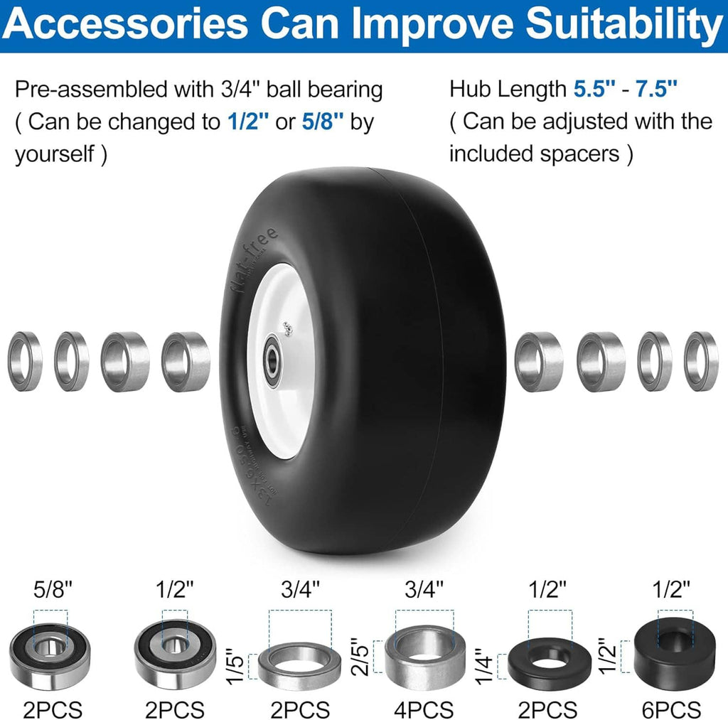 Flat-free lawn mower tire with wheel and bearing hardware, black tire with white rim.