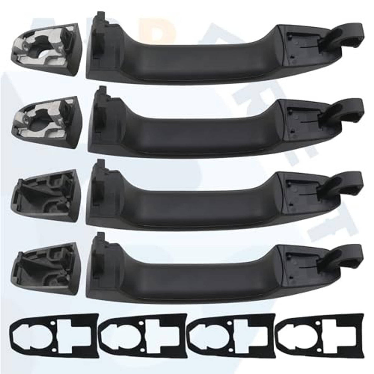 Black exterior door handles with gaskets and mounting brackets, three pieces