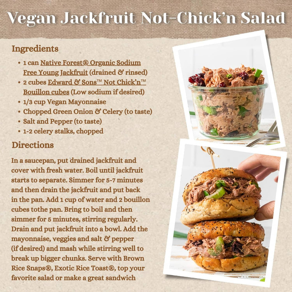 Recipe card for vegan jackfruit Not-Chick’n salad with ingredient list and photo
