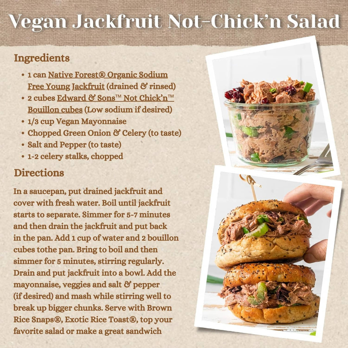 Recipe card for vegan jackfruit Not-Chick’n salad with ingredient list and photo