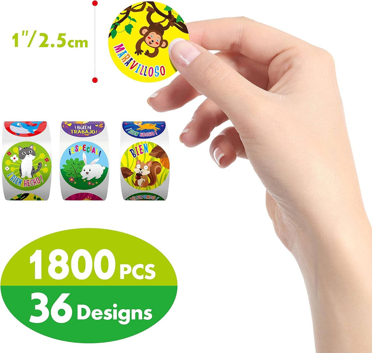 Hand holding a round teacher reward sticker; nearby small sticker rolls