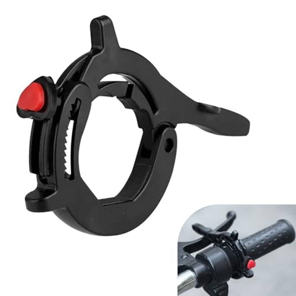 Black motorcycle throttle lock clamp with curved lever and red control button