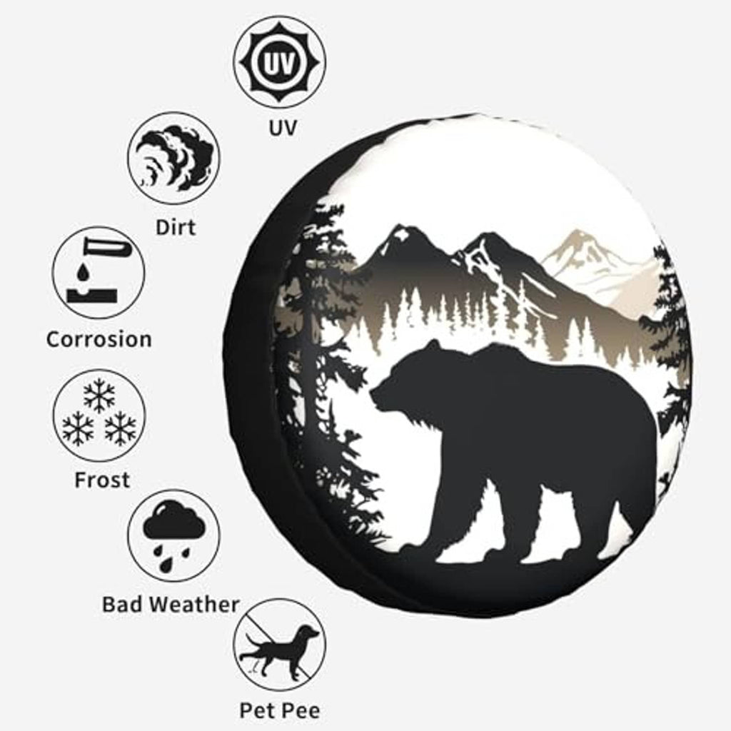 Bear mountain tire cover with UV, dirt, corrosion, frost, bad weather and pet pee icons