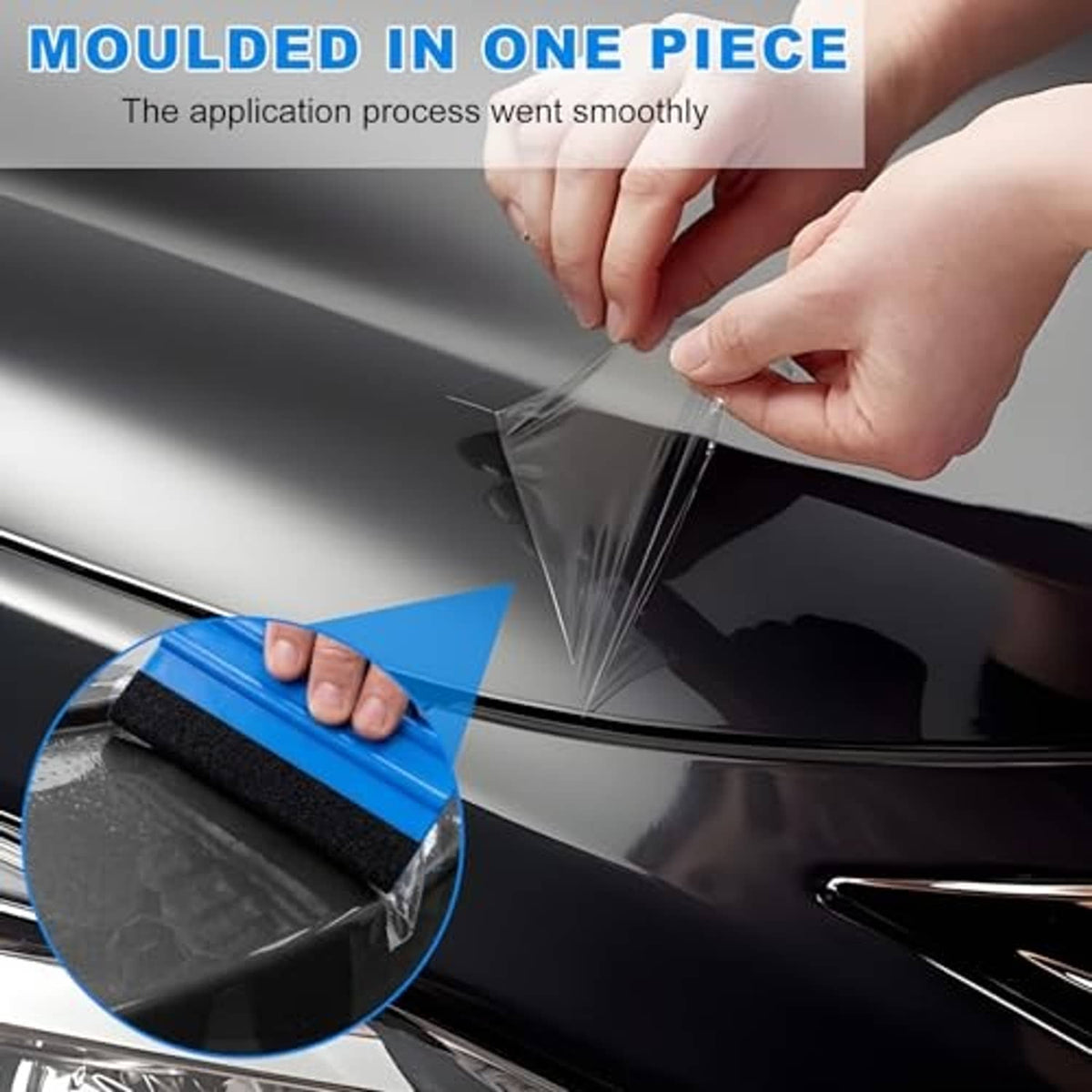 Hand applying film using a blue plastic felt-edge squeegee to smooth window tint