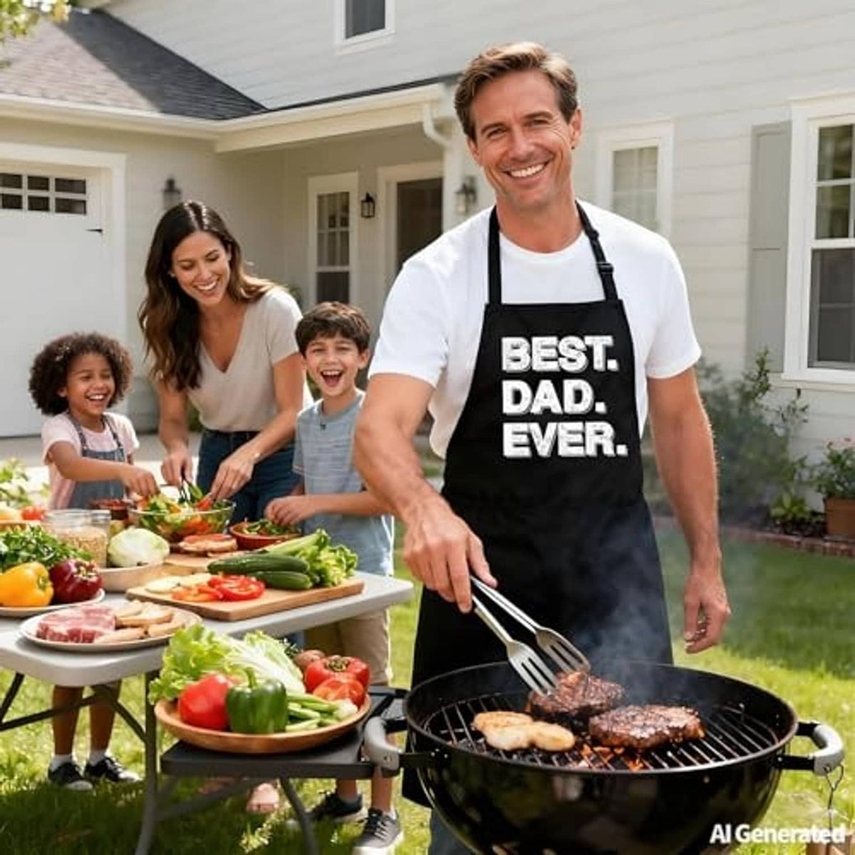 Dad’s black “Best Dad Ever” apron while grilling, with tie waist and pockets